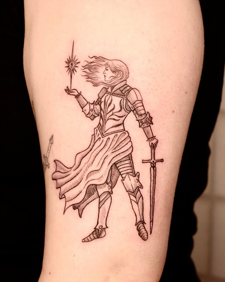 Stellar Knight ✨ One of my older designs, finally on skin! Thank you so much Jorja for getting this piece during my Melbourne visit ☺️ #medievaltattoo #middleagestyle #goldcoasttattoo #brisbanetattoo #medievaltapestry #knight #medievalprincess #ladyknight #lotrtattoo #lotrart #elven #emiscape #bg3 #cosplay #highfantasy #fantasy #darkfantasy #etching #renfaire Lady Of The Lake Tattoo, Fantasy Backyard, Theatre Tattoo, Empowerment Tattoo, Brisbane Tattoo, Lake Tattoo, Lotr Tattoo, Medieval Tattoo, Alternative Design