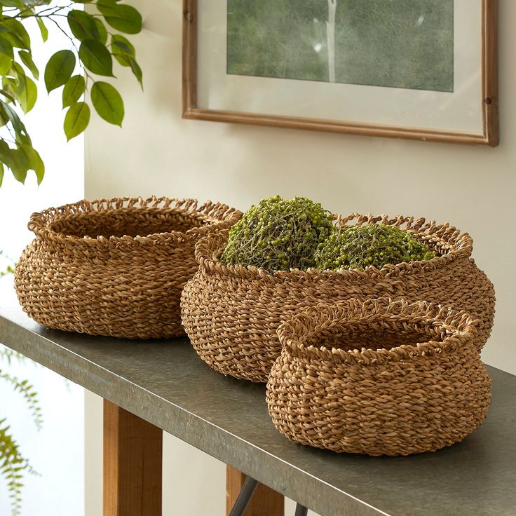 three woven baskets with moss in them on a table