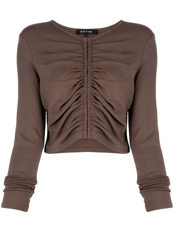 brown stretch-design ruched detailing crew neck long sleeves asymmetric hem cropped Casual Long Sleeve Ruched Crop Top, Trendy Long Sleeve Ruched Crop Top, Brown Crew Neck Crop Top For Fall, Ruched Stretch Crop Top For Fall, Chic Ruched Crop Top For Fall, Stretch Ruched Crop Top For Fall, Fall Stretch Ruched Crop Top, Cropped Long Sleeve Top For Fall, Brown Stretch Long Sleeve Crop Top