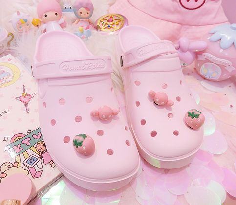 Cute Pink Strawberry Beach Slippers Hole Shoes sold by Dream castle on Storenvy Pink Crocs, Crocs Fashion, Kawaii Shoes, Cute Slippers, Pink Strawberry, Summer Slippers, Beach Slippers, Shoes Pink, Aesthetic Shoes