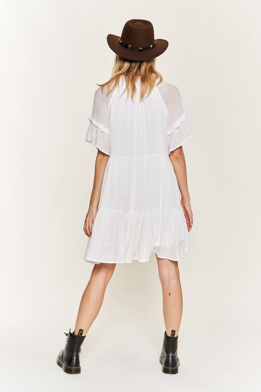 Short Sleeve Midi Dress with Adjustable Strap-Ruffled V-neckline with tie strap-Ruffled short sleeve-Ruffled hem-Relaxed fit-LinedFabric Contents: 100% POLYESTER Breezy V-neck Dress With Ruffles, V-neck Tiered Dress With Ruffle Hem For Beach, White V-neck Tiered Dress For Summer, White V-neck Ruffle Dress For Day Out, Casual V-neck Tiered Dress For Beach, White Flowy Tiered Dress For Summer, White Flowy Tiered Dress For Vacation, V-neck Tiered Dress With Ruffle Hem For Day Out, Flowy White Tiered Dress For Vacation