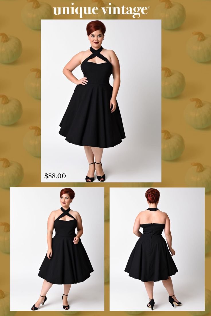 The Rita Flare is a glamorous rockabilly go-to! An all black flare fresh from Unique Vintage in a striking 1950s reminiscent vintage plus size dress design. Ready for day or night, this striking frock is crafted in supple stretch bengaline that clutches curves, with a cross halter neckline princess seamed to perfection in a sassy sweetheart cut and don't forget the pockets! A light A-line skirt floats effortlessly, maximizing the form with stunning retro sensibility. Zip up Rita and prepare to stupefy! . Crinoline added for volume, sold separately..Available in sizes XS-5X while supplies last. | Unique Vintage Plus Size Black Criss Cross Halter Rita Flare Dress | Size 5X/26 Plus Size Dress Design, Vintage Plus Size, Black Flare, Plus Size Black, 1950s Fashion, Princess Seam, Halter Neckline, Dress Design, Plus Size Dress