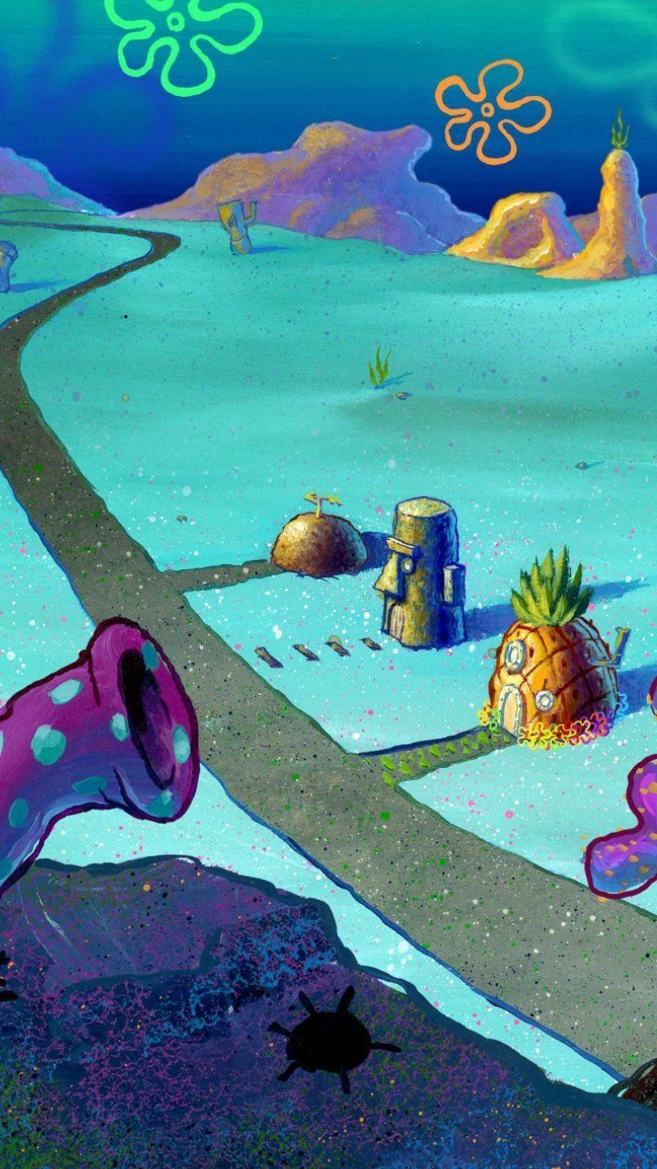 an image of a cartoon scene with pineapples and other things in the background