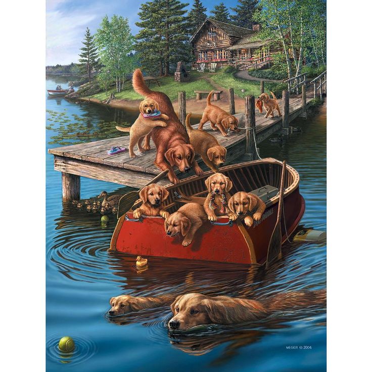 a painting of dogs on a boat in the water with a dock and house in the background