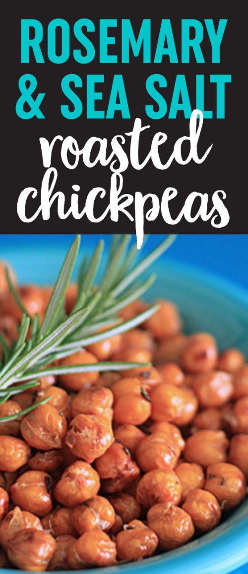 rosemary and sea salt roasted chickpeas in a blue bowl with text overlay