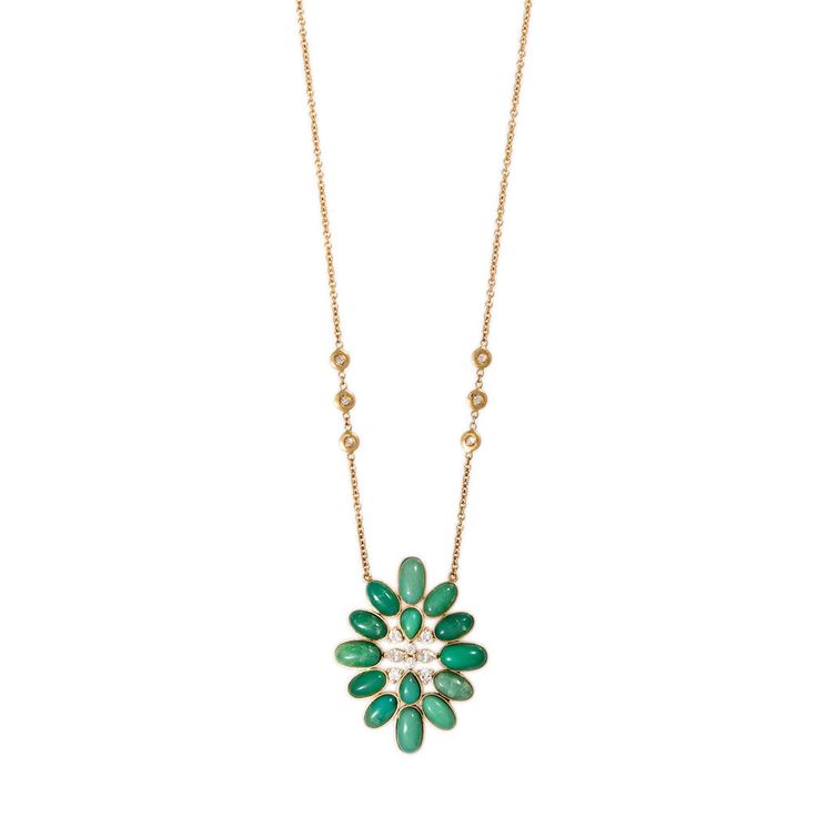 Details 14k gold round and marquise diamond center + chrysoprase blossom 6 diamond necklace Available in 14k yellow, rose and white gold Handmade in USA Blossoms are roughly 1.5" Necklace length is 20" + 2" extension Due to the nature of all gemstones, small variations in size, shape and color may occur and may not be exact as image shown Elegant Green Flower Pendant Necklaces, Elegant Green Flower Pendant Necklace, Luxury Marquise Gemstone Necklaces, Luxury May Birthstone Necklace With Diamond Accents, Luxury Marquise Gemstone Necklace, Elegant Emerald Briolette Necklaces, Marquise Yellow Gold Necklace, Marquise Yellow Gold Necklace Fine Jewelry, Fine Jewelry Flower Pendant With Rose Cut Diamonds