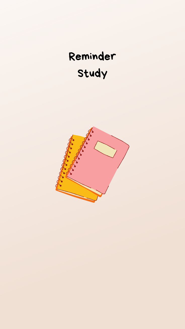 a pink notebook sitting on top of a pile of yellow and red books with the words reminder study written above it