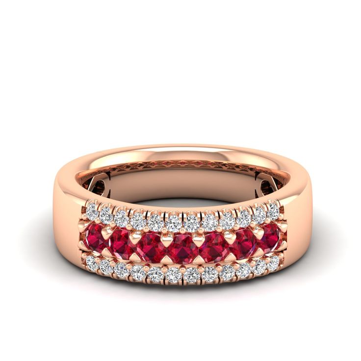 This stunning wedding ring features vibrant red diamonds set in elegant gold, creating a timeless and luxurious piece of jewelry that symbolizes love and commitment. The striking contrast between the deep red diamonds and the bright gold makes this ring a unique and eye-catching choice for any bride or groom. Metal: 14K Gold Setting Type: Prong Rhodium Finish: Yes, on White Gold Gemstone Details: Gemstone: Ruby Shape: Round Average Dimensions: 2.50 MM Quantity: 07 Average Cut: Very Good Average Luxury Red Ring With Prong Setting, Luxury Red Ruby Ring For Anniversary, Red Pave Setting Jewelry For Formal Occasions, Red Jewelry With Pave Setting For Formal Occasions, Red Formal Jewelry With Pave Setting, Classic Red Diamond Ring With Pave Setting, Luxury Red Lab-created Ruby Ring, Ruby Ring With Diamond Channel Set For Wedding, Red Diamond Ring With Pave Setting For Anniversary