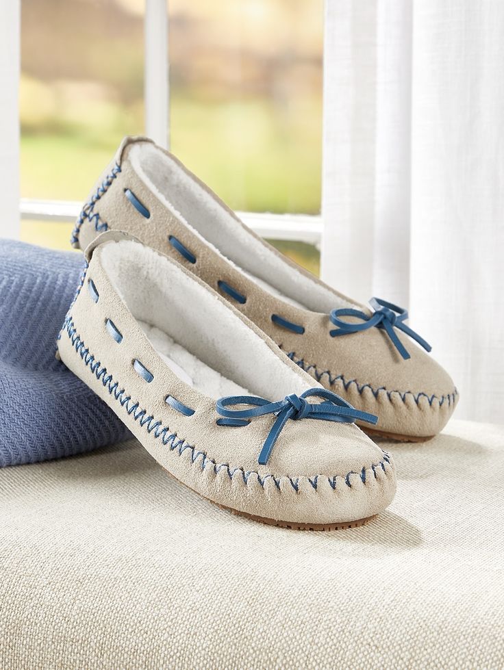 These fun mocs add a pop of color in an enduring style that's a favorite for its casual looks and easy fit. The soft suede upper is saturated in color and crafted with working "skip laces" and topstitch detailing. The inside is lined with quilted brushed terry that surrounds the deep memory foam footbed. Slip-on moccasin-style slippers Soft suede upper Lined with quilted brushed terry Deep memory foam footbed Working skip lacing adjusts for the most comfortable fit EVA rubber outsole Upper, sued Womens Moccasin Boots, Dove Pictures, Moccasins Women, Vermont Country Store, Moccasin Slippers, Moccasins Style, Suede Moccasins, Moccasin Boots, Moccasins Slippers