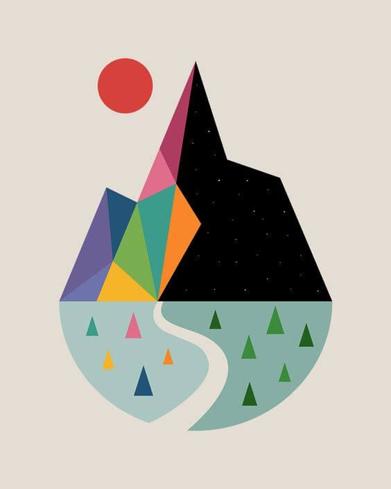 an abstract landscape with mountains, trees and a red ball in the sky above it