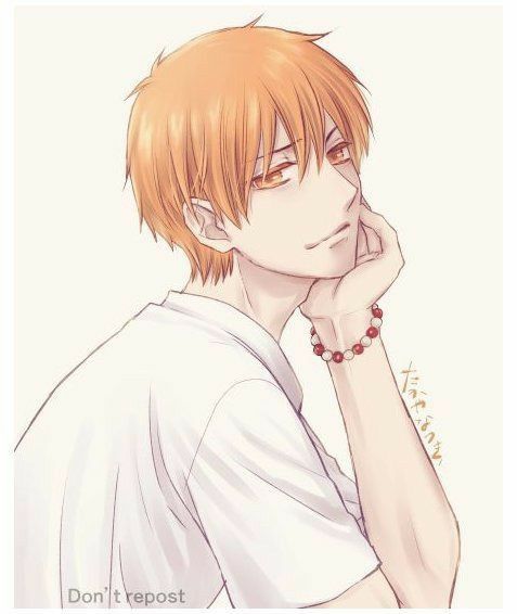 an orange haired man with his hand on his chin, wearing a white shirt and red bracelet