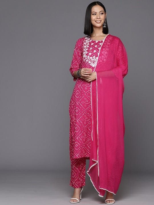 Pink Cotton Bandhani Print & Embroidered Straight Shape Suit Set with Silk Chiffon Dupatta Palazzo Suit, Anarkali Kurta, Cotton Bottoms, Casual Party, Fabric Shop, Formal Wedding, Embroidery Details, Trouser Pants, Pink Cotton