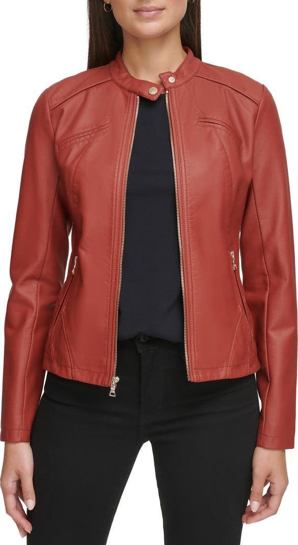 GUESS Faux Leather Racer Jacket | Nordstromrack Fall Leather Jacket With Button Zip Fly, Faux Leather Jacket With Snap Buttons For Fall, Fall Faux Leather Jacket With Zipper Closure, Fall Faux Leather Jacket With Snap Buttons, Solid Leather Jacket With Snap Buttons For Fall, Fall Leather Jacket With Zipper For Work, Solid Biker Jacket With Zipper Closure For Workwear, Fitted Faux Leather Biker Jacket With Zip Detail, Fitted Faux Leather Biker Jacket With Zip Fly