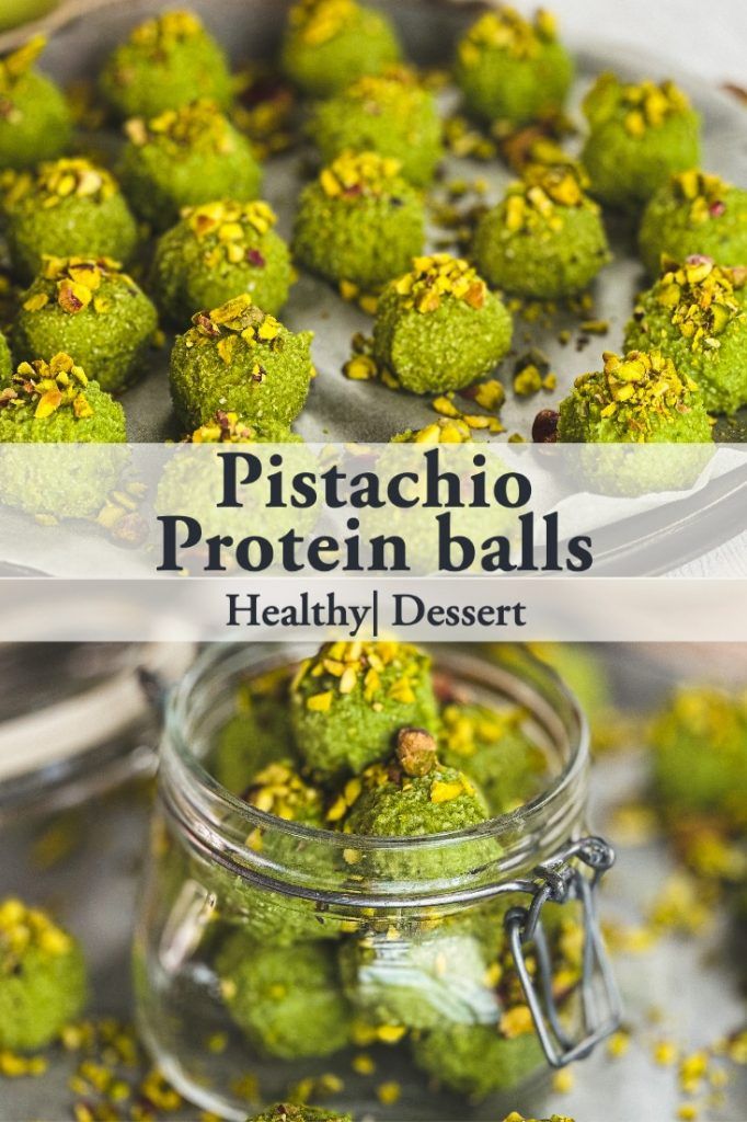 pistachio protein balls in a glass jar with yellow sprinkles on top