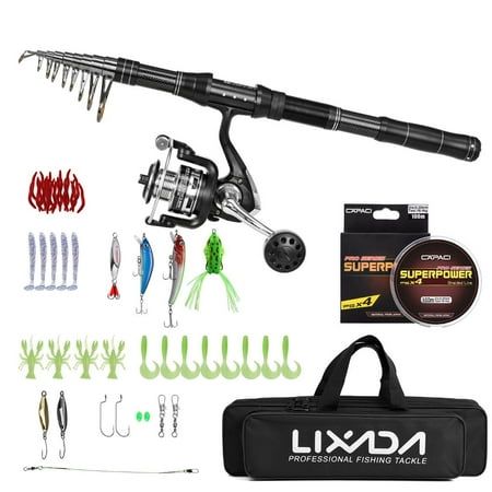 a fishing rod, reel and lures are shown in this image with other accessories