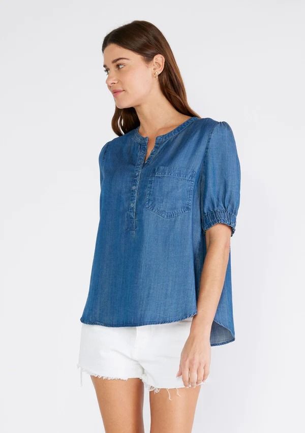 Women's Tencel Blue Button-Front Puff Sleeve Blouse | LOVESTITCH Medium Wash Puff Sleeve Denim Top For Summer, Summer Medium Wash Denim Top With Puff Sleeves, Medium Wash Denim Top With Puff Sleeves For Summer, Casual Puff Sleeve Button-up Top, Casual Button-up Puff Sleeve Top, Casual Button-up Puff Sleeve Top With Button Closure, Casual Button-up Puff Sleeve Top For Fall, Casual Fall Button-up Puff Sleeve Top, Casual Button-up Puff Sleeve Top For Work