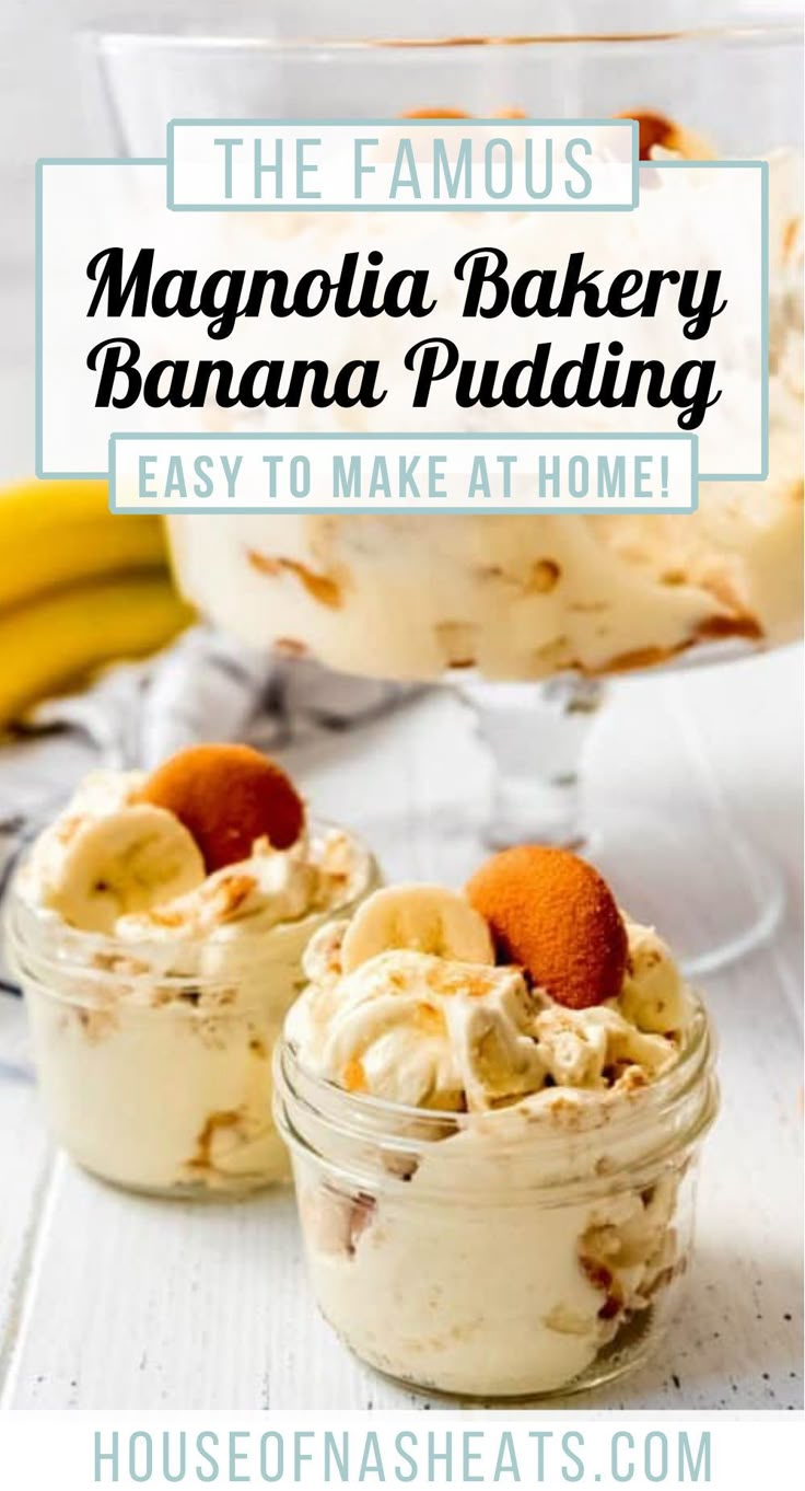 two jars filled with banana pudding sitting on top of a table