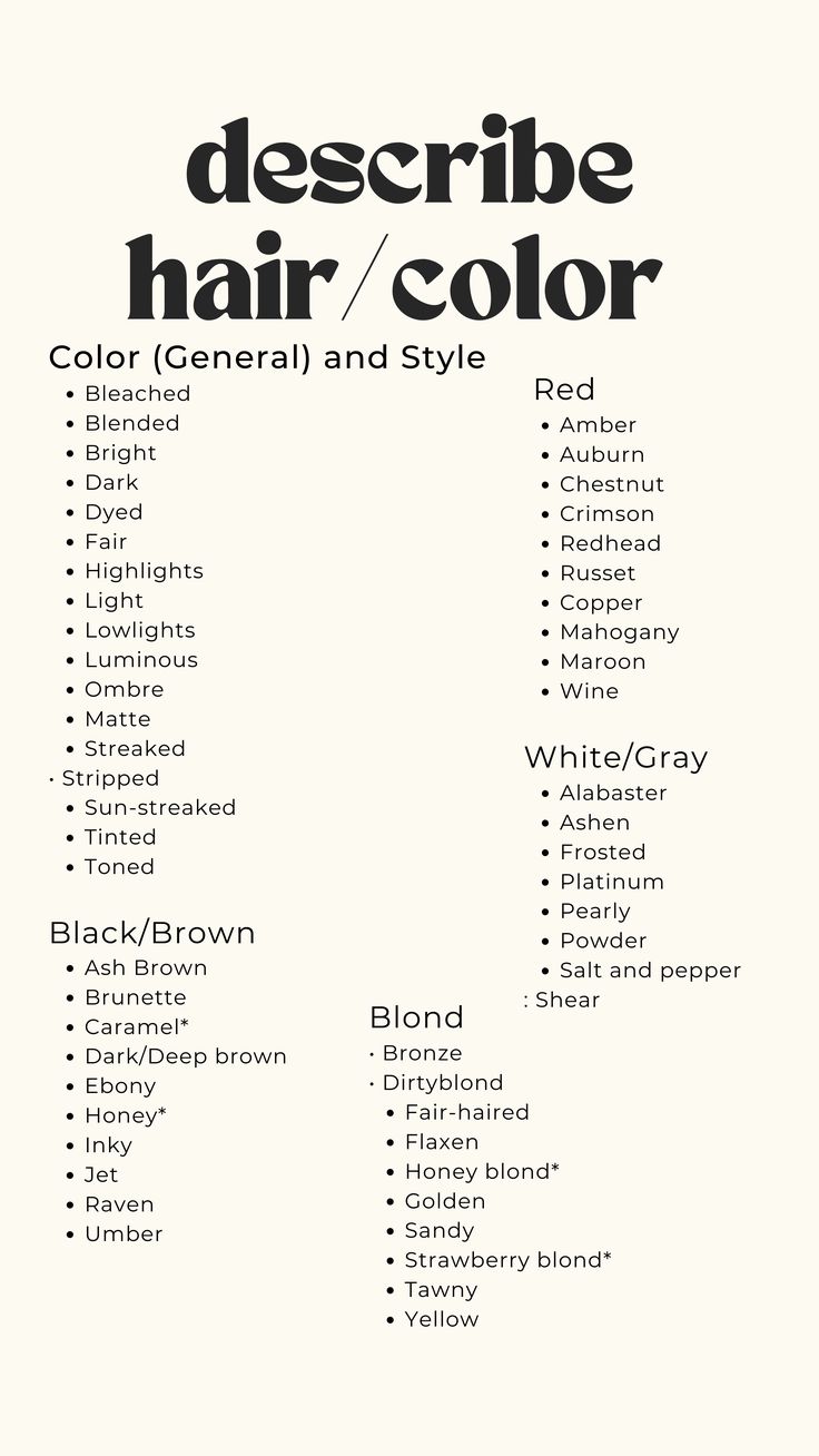 a poster with the words describe hair / color in black and white, including red