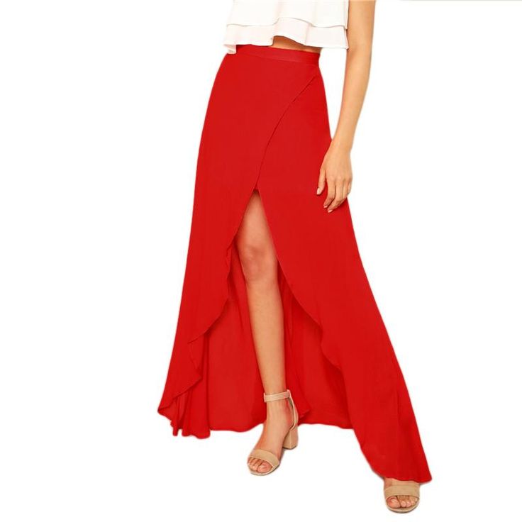 This sexy skirt is hot, hot, hot. Featuring an asymmetrical design with a ruffled edge and a high front split. This skirt pairs perfectly with a bodysuit or cropped top so be sure and visit our Tops & Bodysuits collection to complete this fabulous look. Made with a rayon blend for comfort and style. Summer Party Bottoms In Solid Color, Summer Stretch Maxi Skirt Solid Color, Summer Stretch Maxi Skirt In Solid Color, Summer Stretch Solid Color Maxi Skirt, Summer Party Solid Color Bottoms, Summer Party Skirt With Split, Summer Party Skirt With Split Shape, Summer Night Out Solid Color Skirt, Summer Asymmetrical Stretch Draped Skirt