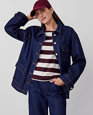 Elevate your weekend wardrobe with the Ann Taylor Weekend Denim Carpenter Jacket, a perfect blend of style and practicality for the cooler seasons. This jacket features a classic rinse wash that complements any outfit, making it a versatile addition to your collection.

- **Size:** XS
- **Fit:** Relaxed
- **Length:** 27 1/2" long
- **Material:** 76% Cotton, 23% Lyocell, 1% Spandex
- **Color:** Classic Rinse Wash
- **Gender:** Female
- **Features:** Point collar, long sleeves with button tabs, bu Denim Button-up Utility Jacket With Patch Pockets, Dark Wash Utility Jacket With Snap Buttons For Fall, Fall Utility Jacket With Snap Buttons In Dark Wash, Dark Wash Outerwear With Pockets For Work, Utility Denim Jacket With Snap Buttons In Relaxed Fit, Utility Style Denim Jacket With Snap Buttons, Denim Blue Utility Jacket With Patch Pockets For Work, Relaxed Fit Utility Denim Jacket With Snap Buttons, Everyday Utility Shacket With Patch Pockets