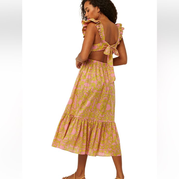 Size Guide Bust: 22" Waist: 20.25" Hip: 39.5" Length: 49.5" Fabric: 100% Cotton Bin H Yellow Tie-back Dress For Vacation, Yellow Bohemian Sundress With Ruffles, Yellow Maxi Sundress With Ruffles, Yellow Ruffled Maxi Sundress, Yellow Ruffled Summer Dress, Yellow Summer Dress With Ruffles, Yellow Ruffled Midi Dress For Spring, Spring Yellow Ruffled Midi Dress, Bohemian Yellow Midi Dress With Ruffles