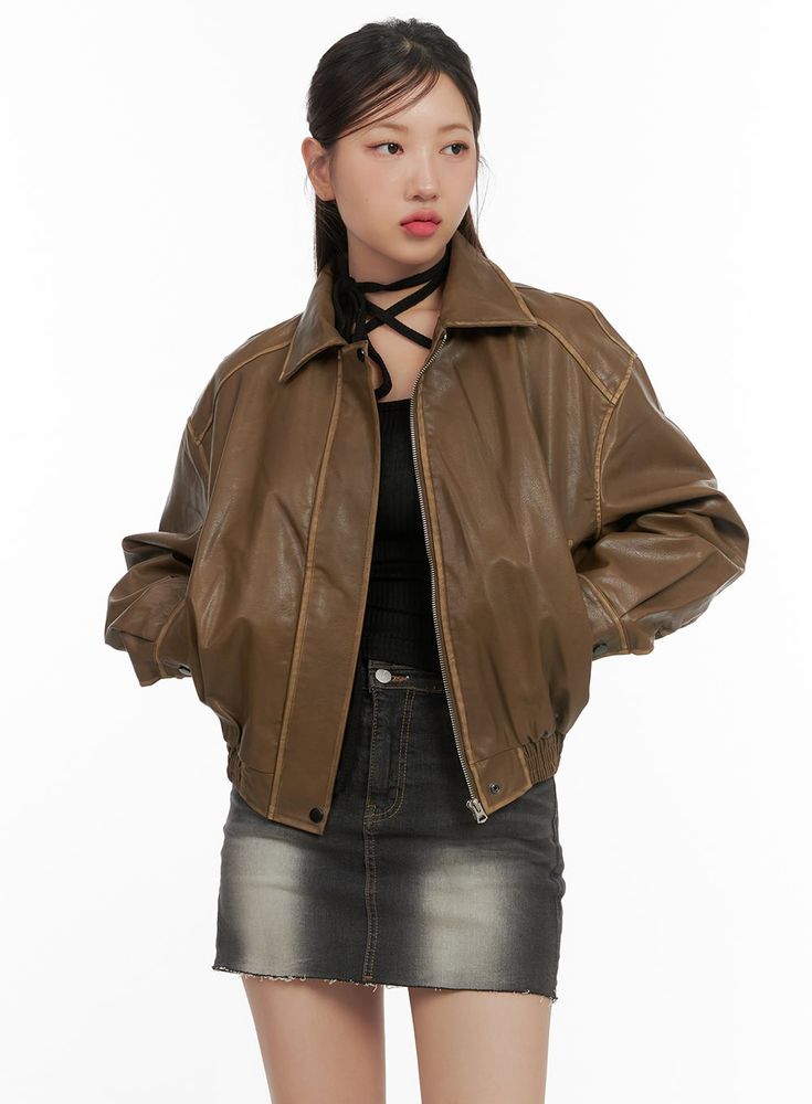 zip-up-faux-leather-crop-jacket-cs405 / Brown Casual Faux Leather Jacket For Streetwear, Casual Leather Outerwear With Padded Collar, Casual Faux Leather Jacket For Fall, Casual Faux Leather Biker Jacket, Brown Casual Leather Jacket With Padded Collar, Casual Brown Biker Jacket With Padded Collar, Casual Brown Leather Jacket With Padded Collar, Spring Retro Leather Jacket With Zipper Closure, Spring Retro Leather Jacket With Zipper