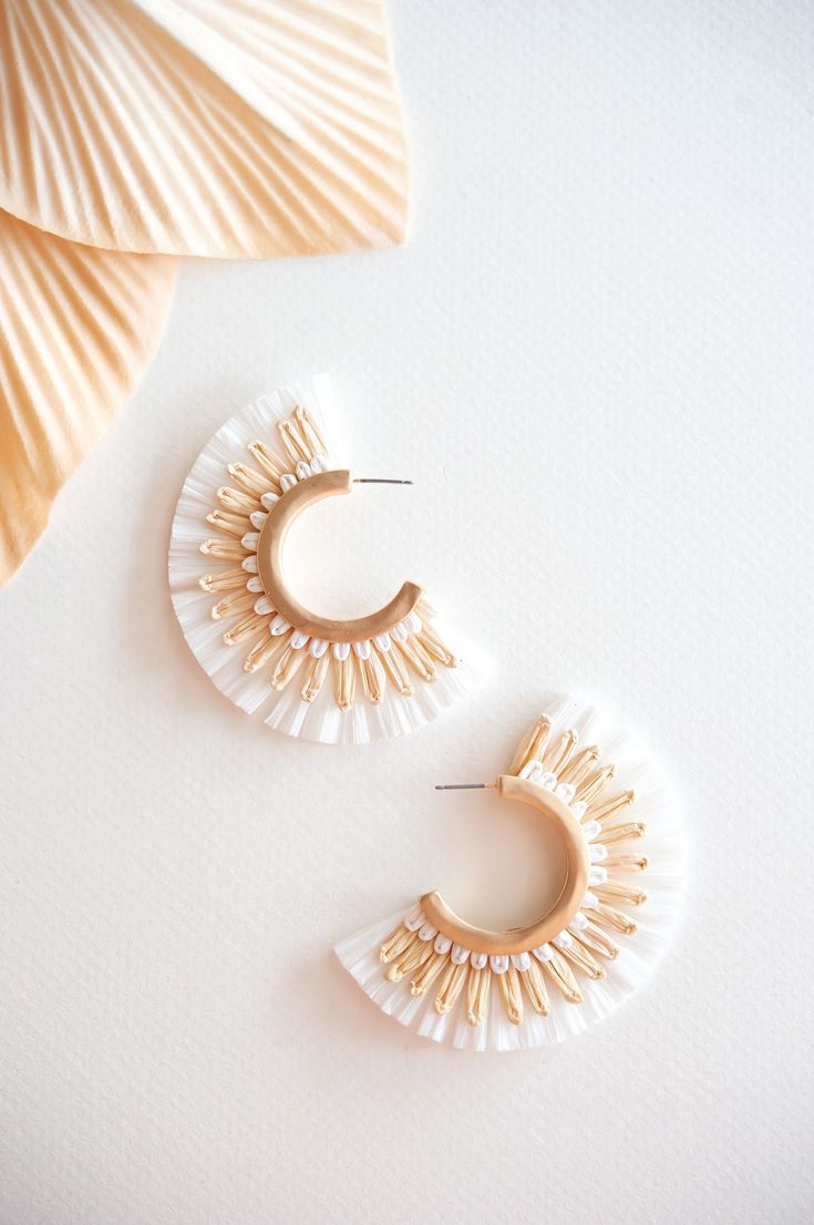 Allison Rattan Fan Hoops | Tropical Vacation Earrings | Boho Rattan Ho – Shop Suey Boutique Bohemian White Hoop Earrings For Beach, Bohemian White Earrings For Beach, Elegant White Hoop Earrings For Beach, Handmade White Beaded Earrings For Vacation, Bohemian Small Hoop Earrings For Vacation, Bohemian White Beaded Hoop Earrings, White Beaded Earrings For Summer Vacation, White Small Hoop Earrings For Beach, White Earrings With Ear Wire For Vacation