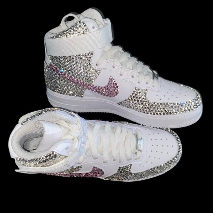 Welcome, Nike Airforce 1’s High Tops With Luxe Crystal & Light Rose Pink Bling Ticks Fronts & Back Design, Made To Last Permanent Design! Colours:Iridescent Crystal Diamond & Light Rose Pink All Colours Available Please See Colour Chart Attached, Brand New In Box Nike Airforce 1’s High Tops Sizes In Usa Women’s 6 6.5 7 7.5 8 8.5 9 9.5 10 10.5 11 11.5 12 12.5 13 Comes With Original & Ribbon Laces To Order; Can Also Be Made In Black Please See Colour Chart Attached To Change Colour Way Or Add Addi White Iced Out Sneakers For Streetwear, White Embellished Sneakers For Streetwear, White Custom Sneakers With Rhinestones For Streetwear, White Custom Rhinestone Sneakers For Streetwear, White Rhinestone Custom Sneakers For Streetwear, White Rhinestones Custom Sneakers For Streetwear, White High-top Sneakers With Rhinestones, White Rhinestone Sneakers For Streetwear, Sporty White Sneakers With Rhinestones