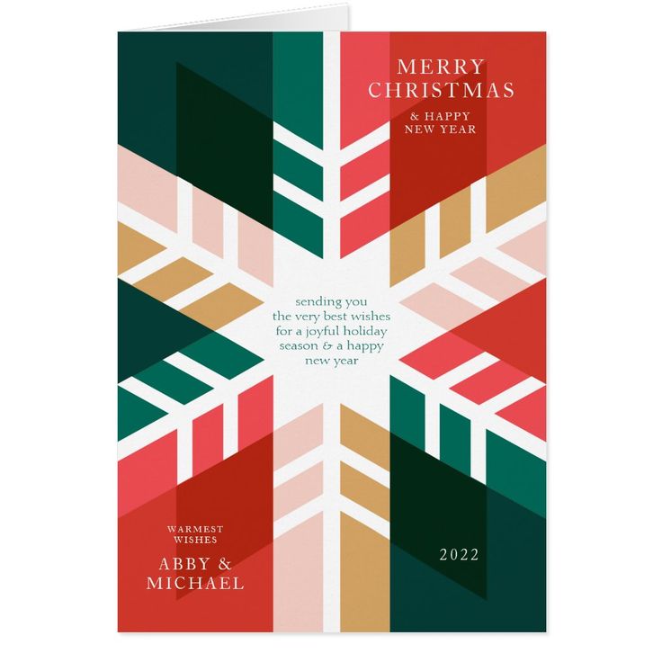 a merry christmas card with an abstract geometric design in red, green and gold colors