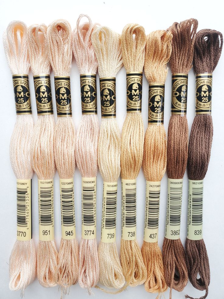 ❤ PRODUCT DETAILS ❤ DMC Set of Flosses- 8 Skeins DMC Art. 117 9 cotton skeins to inspired by the most used colors for skin.  Each skein measures (8m/8.7yds each) Made in France Colors included:  437 Light Tan 738 Very Light Tan 739 Ultra Very Light Tan 839 Dark Beige Brown 945 Tawny 951 Light Tawny 3770 Very Light Tawny 3774 Very Light Desert Sand 3862 Dark Mocha Beige ❤ WANT TO SEE MORE EMBROIDERY / CROSS STITCH FLOSS❤ We sell other embroidery threads in our store here: https://www.etsy.com/ca/ Dmc Floss Color Combinations, Dmc Floss Chart, Beige Embroidery, Brown Embroidery, Cross Stitch Floss, Cross Stitch Tutorial, Dmc Embroidery, Cross Stitch Thread, Skin Colors