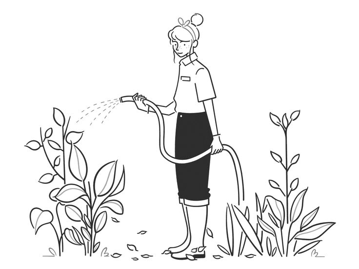 a woman watering plants with a hose