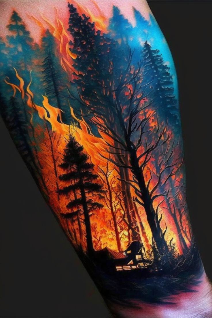 a man's arm with a fire and trees tattoo on the left side of his arm