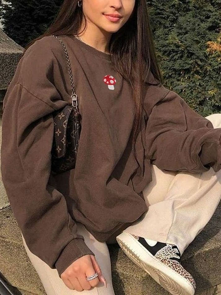 Mushroom Embroidery Pullover Sweatshirt - HouseofHalley Brown Widget, Mushroom Embroidery, Sweatshirt Women Casual, Crewneck Sweatshirt Women, Korean Streetwear, Women's Robe, Streetwear Y2k, Indie Outfits, Swaggy Outfits