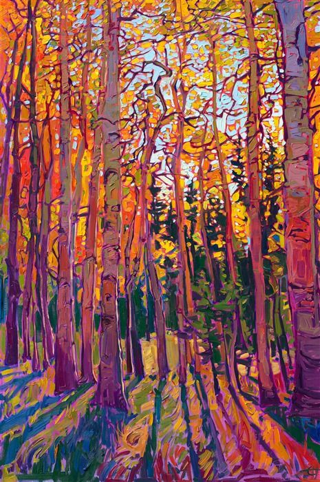 an abstract painting of trees in the woods