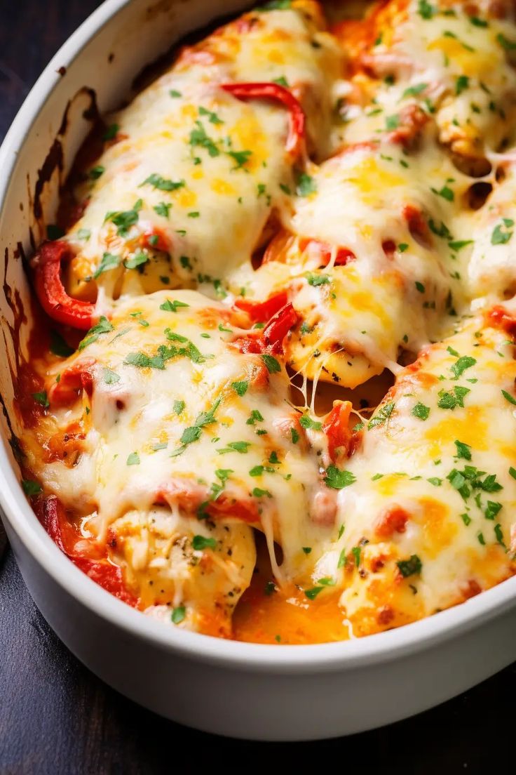 a casserole dish filled with cheese and vegetables