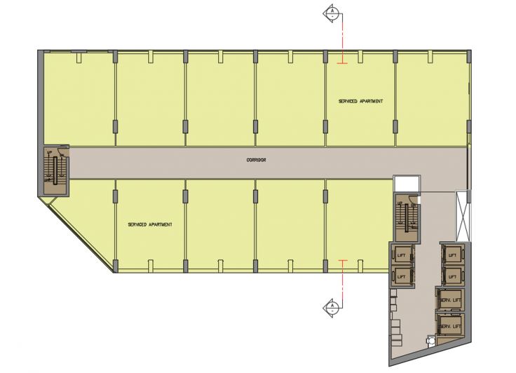 the floor plan for an office building with two floors and three walls, one is yellow