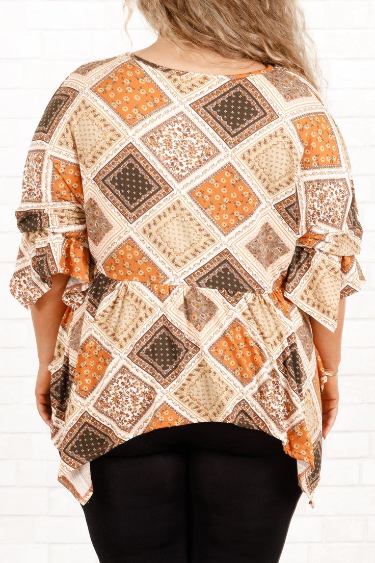 Part office-chic, part boho-chic, this top is the perfect choice for the season! Featuring a gorgeous geometric, floral pattern set against a bold, season-appropriate hue, this lovely top is sure to make a statement in any setting! 95% Polyester, 5% Spandex Multicolor Geometric Pattern Top For Fall, Fall Multicolor Geometric Pattern Top, Multicolor Print Top For Day Out In Fall, Multicolor Print Top For Fall Day Out, Trendy Blouse With Geometric Pattern For Spring, Chic Multicolor Print Fall Blouse, Chic Multicolor Print Blouse For Fall, Chic Patterned Tops For Fall, Printed Tops For Day Out In Fall