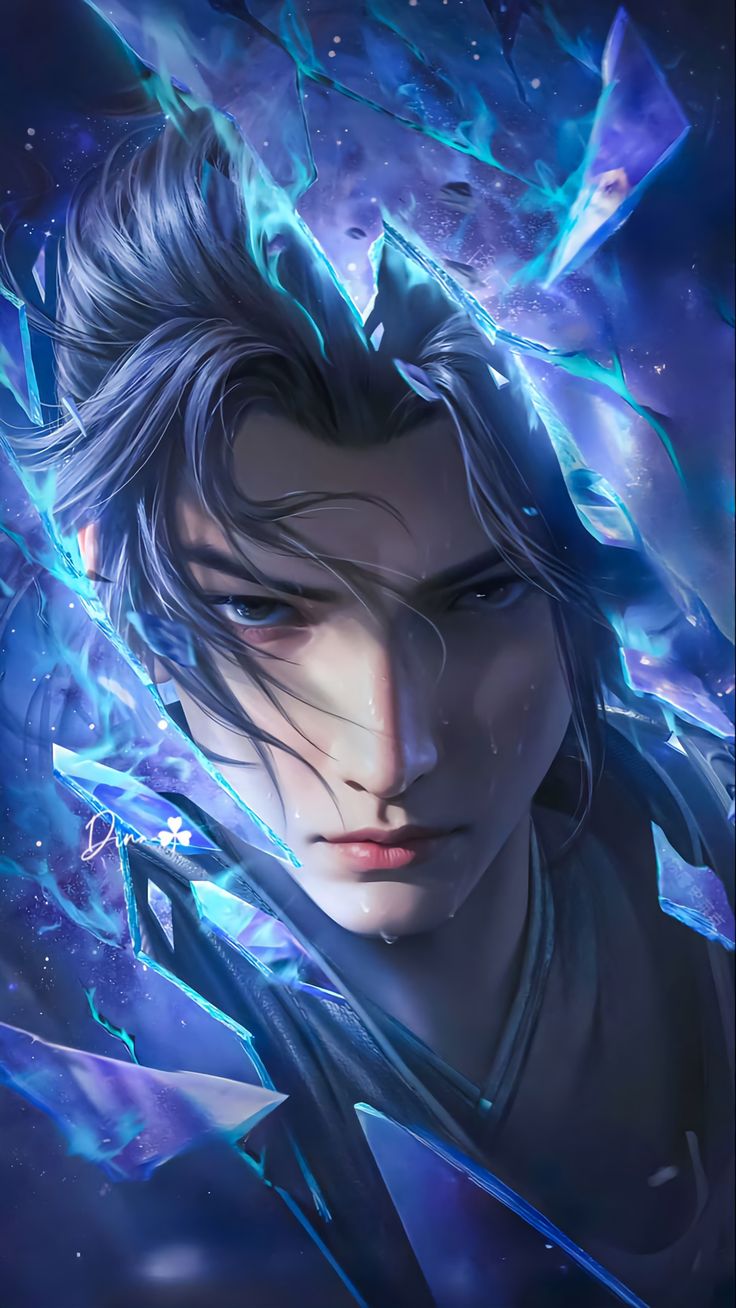 an anime character with long hair and blue eyes, in front of a dark background