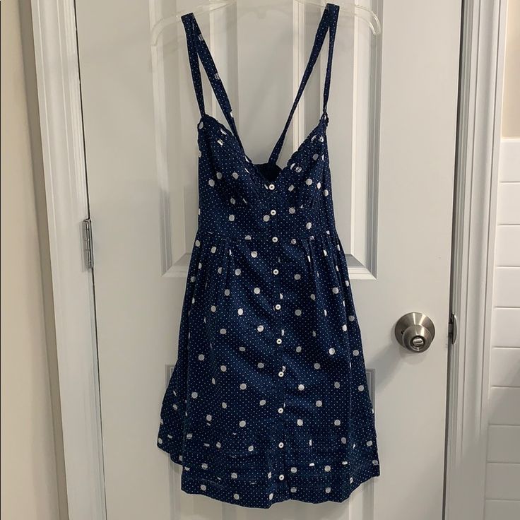 Perfect Spring/Summer/Fall Dress! Navy With White Polka Dots. Cross Cross Straps In The Back. White Buttons All The Way Down The Front. New With Tags! Polka Dot A-line Mini Dress For Summer, Casual Polka Dot Sundress For Summer, Polka Dot Mini Dress For Beach In Summer, Polka Dot Mini Dress For Beach And Summer, Polka Dot Summer Sundress For Beach, Polka Dot Mini Sundress For Summer, Polka Dot Summer Mini Dress, Spring Polka Dot Sundress For Vacation, Polka Dot Sundress For Spring Vacation