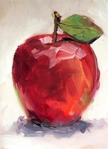 a painting of an apple with a leaf on it's tip, sitting on a white surface