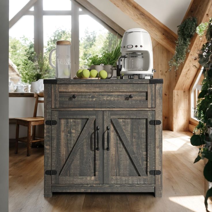 a kitchen island made out of an old wooden cabinet with sliding doors on the side