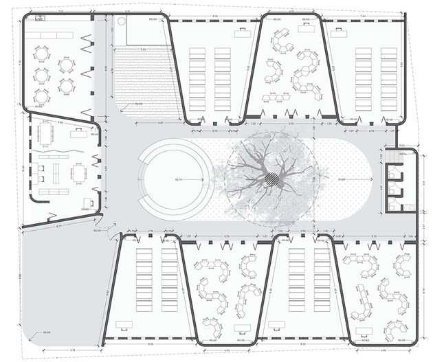 an aerial view of the floor plan for a building with several floors and trees in it