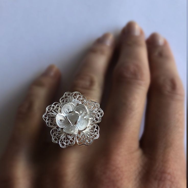 "Flower Ring Flor de Esperanza II - Filigree Ring - Sterling Silver Ring - Filigree Jewelry - Flower Jewelry - Silver Flower - Gift for Her Filigree - delicate jewellery technique made from silver or golden threads \"embroidering\" kind of metalwork lace that is specific to Spain, especially an Andalusian town Cordoba, where they call it a cordobese filigree. This craftsmanship has been passed from generation to generation, nonetheless nowadays there are very few craftsmen left who know to perfo Handmade Flower-shaped Wedding Rings, Silver Flower Jewelry With Handmade Flowers, Handmade Delicate Flower Ring For Wedding, Handmade Flower Shaped Ring For Wedding, Delicate Handmade Flower Ring For Wedding, Handmade Flower-shaped Silver Jewelry, Flower Shaped Birthstone Ring, Delicate Filigree Flower Jewelry, Sterling Silver Flower Ring For Wedding