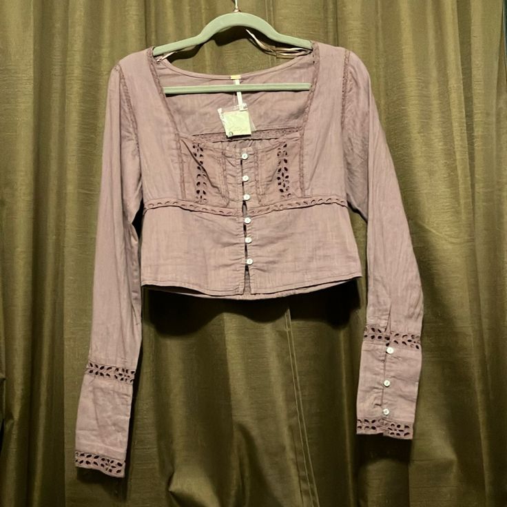 Free People Dusty Purple Joi Eyelet Crop Long Sleeve Blouse Nwt Size Xs Working Buttons Smocking At The Back Waist Ptp: 17 Length 16 Spring Fitted Button-up Crop Top, Fitted Button-up Crop Top For Spring, Long Sleeve Crop Top With Buttons, Fitted Spring Tops With Buttons, Fitted Tops With Buttons For Spring, Fitted Button Tops For Spring, Fitted Square Neck Top With Buttons, Spring Fitted Cropped Peasant Top, Fitted Cropped Peasant Top For Spring