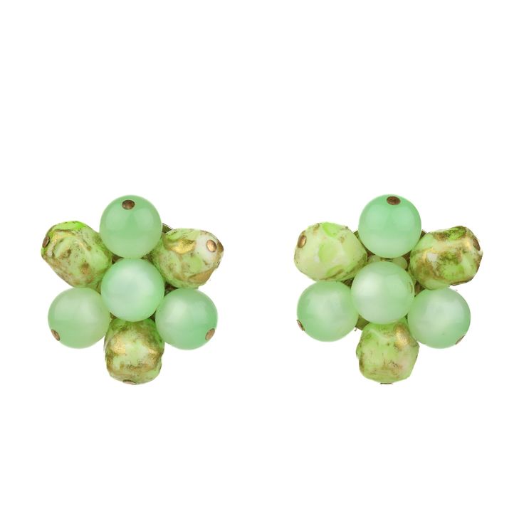 "Vintage Unsigned Green Moonglow Beaded Clip Earrings. Measure 1 1/4\" long. Excellent condition, please note these earrings have some art beads with a distressed worn look but they are originally supposed to have this finish and it is not wear." Classic Green Clip-on Earrings, Green Round Beads Novelty Jewelry, Vintage Green Clip-on Drop Earrings, Vintage Green Clip-on Jewelry, Vintage Green Faceted Beads, Moon Glow, Bead Art, Clip On Earrings, Etsy Earrings