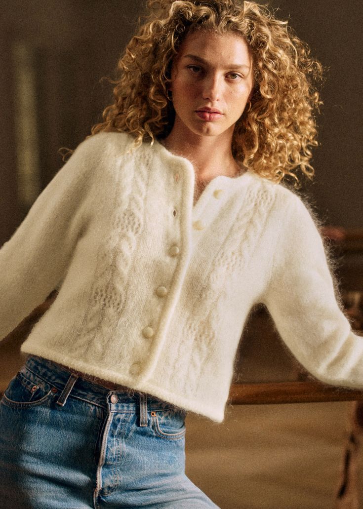 Wool and kid mohair short cardigan with long sleeves;Volume close to the body;Fancy knit and twisted finishes;Round neckline;Length from shoulder 46.5 cm / 18.1 in (for a S) Parisian Women, Parisian Vibes, Oversized Turtleneck, Style Muse, Short Cardigan, Reading Challenge, French Women, French Brands, Cardigan Fashion