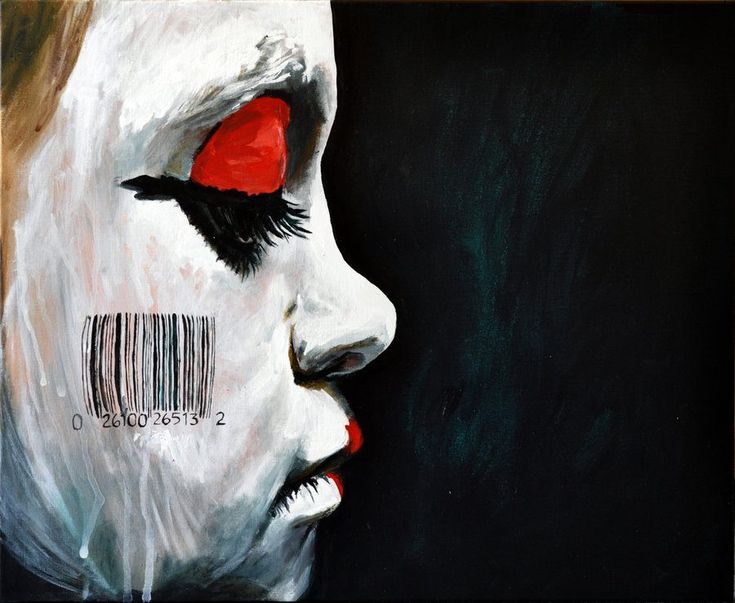 a painting of a woman's face with barcodes on her forehead and nose