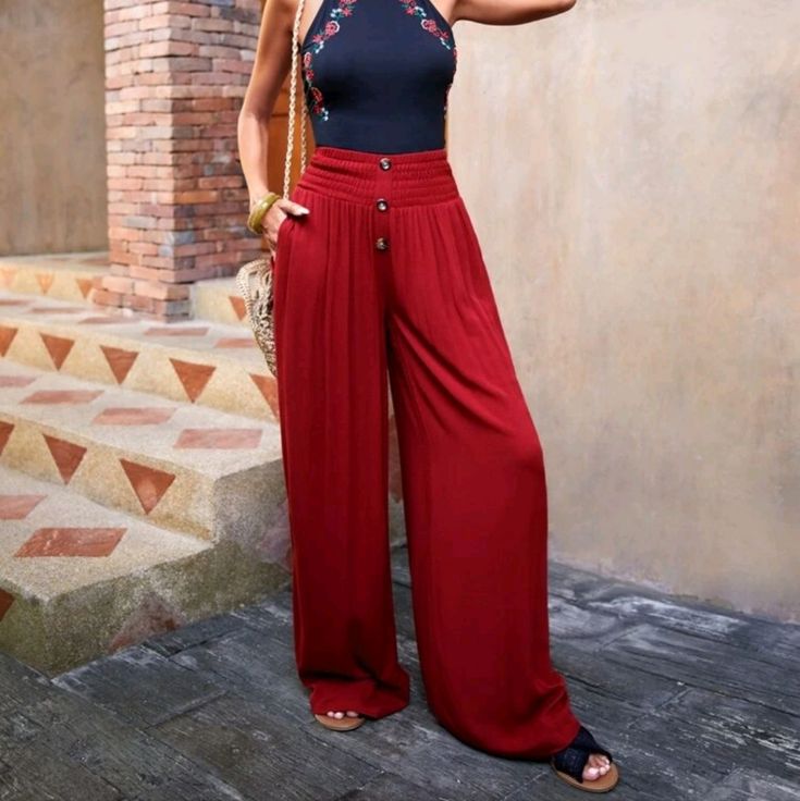 Red Button Front Wide Leg Pants W/Shirred Pockets 100% Viscose Red High Waist Bottoms With Button Closure, Red High-waist Bottoms With Button Closure, Red Button Closure Bottoms For Summer, Red Summer Bottoms With Button Closure, Summer Red Bottoms With Button Closure, Red Fall Bottoms With Button Closure, Nike Leggings Women, Denim Jogger Pants, Free People Jumpsuit