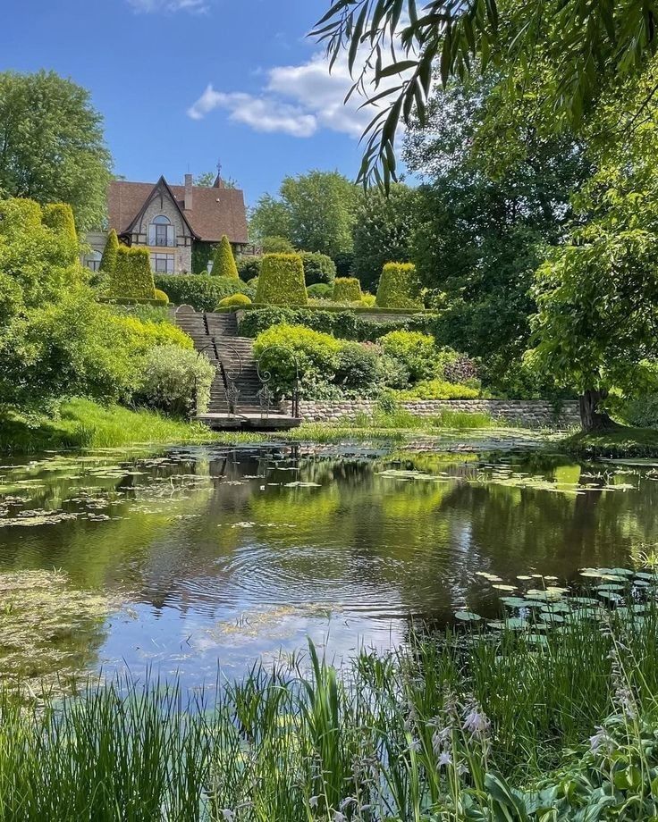 the house is surrounded by lush green trees and water lilies in front of it