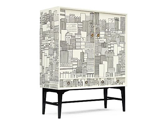 a cabinet with a city print on it